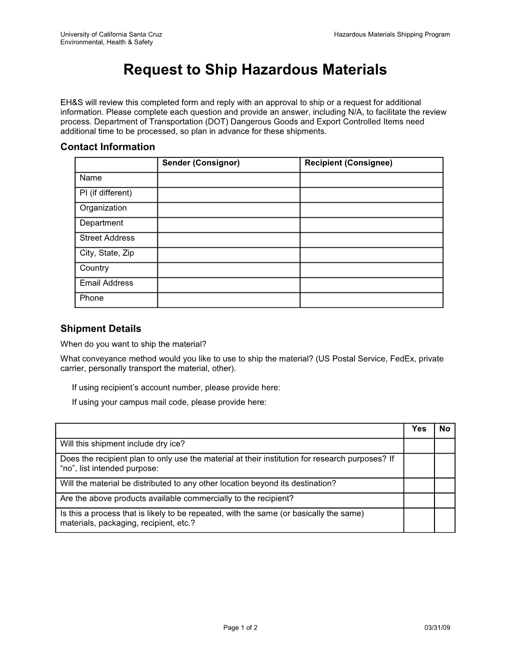 Import/Export Shipping Request