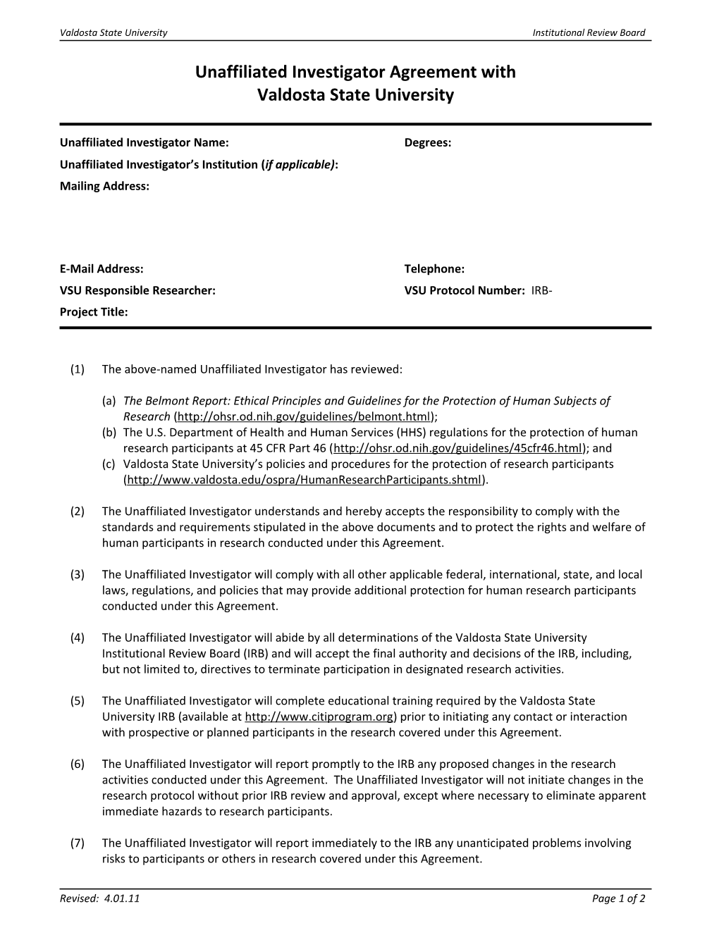 Unaffiliated Investigator Agreement With