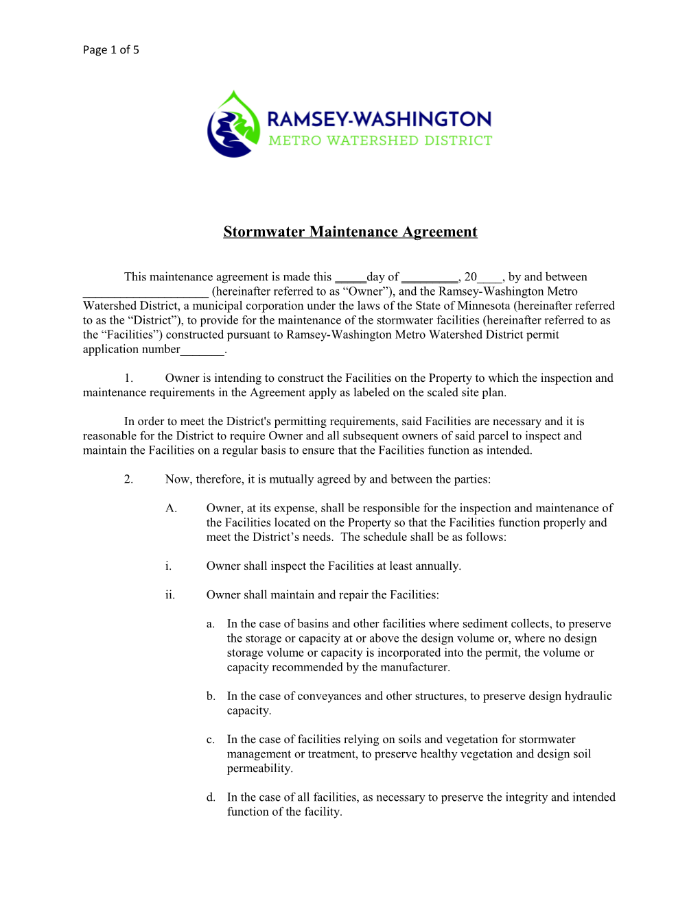 Stormwater Maintenance Agreement