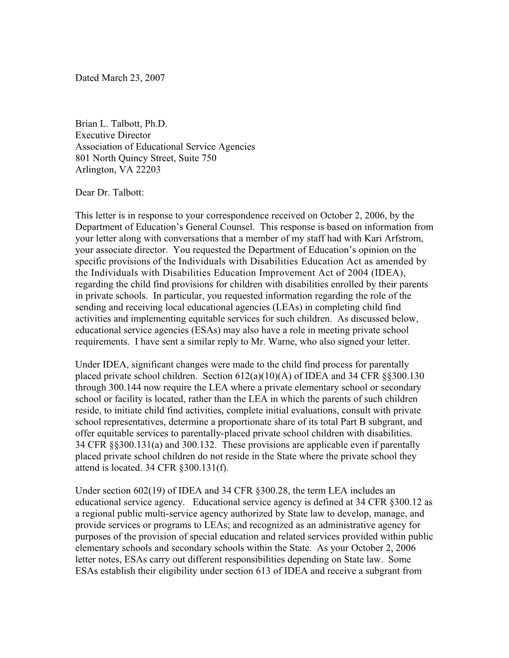 Letter Dated 3/23/07 to Talbott Re: Interpreting IDEA Or the Regulations That Implement