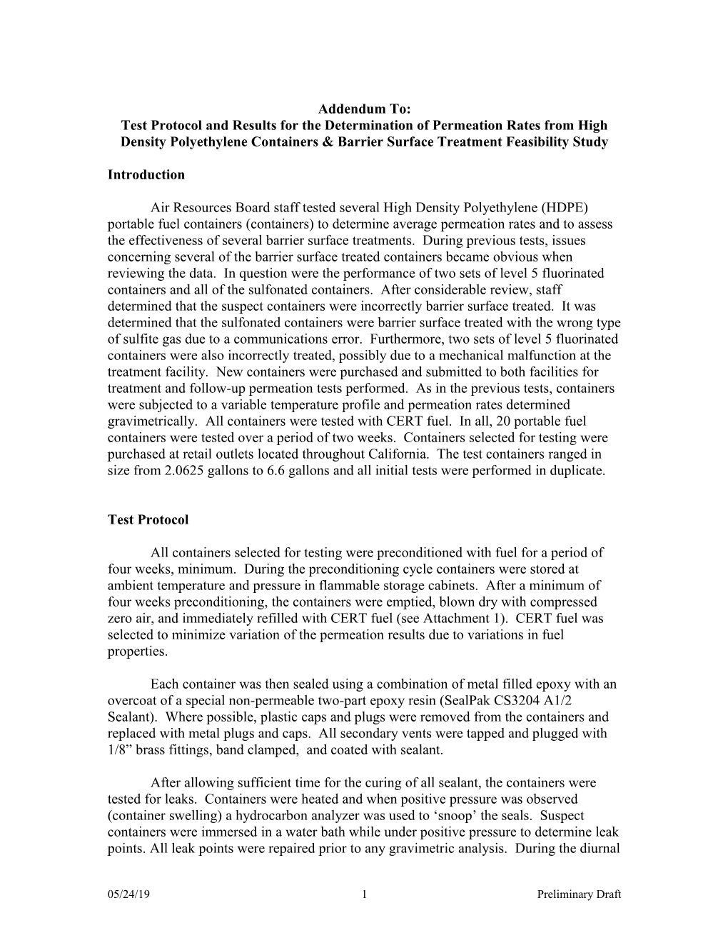 Test Method: Addendum to Test Protocol and Results for the Determination of Permeation