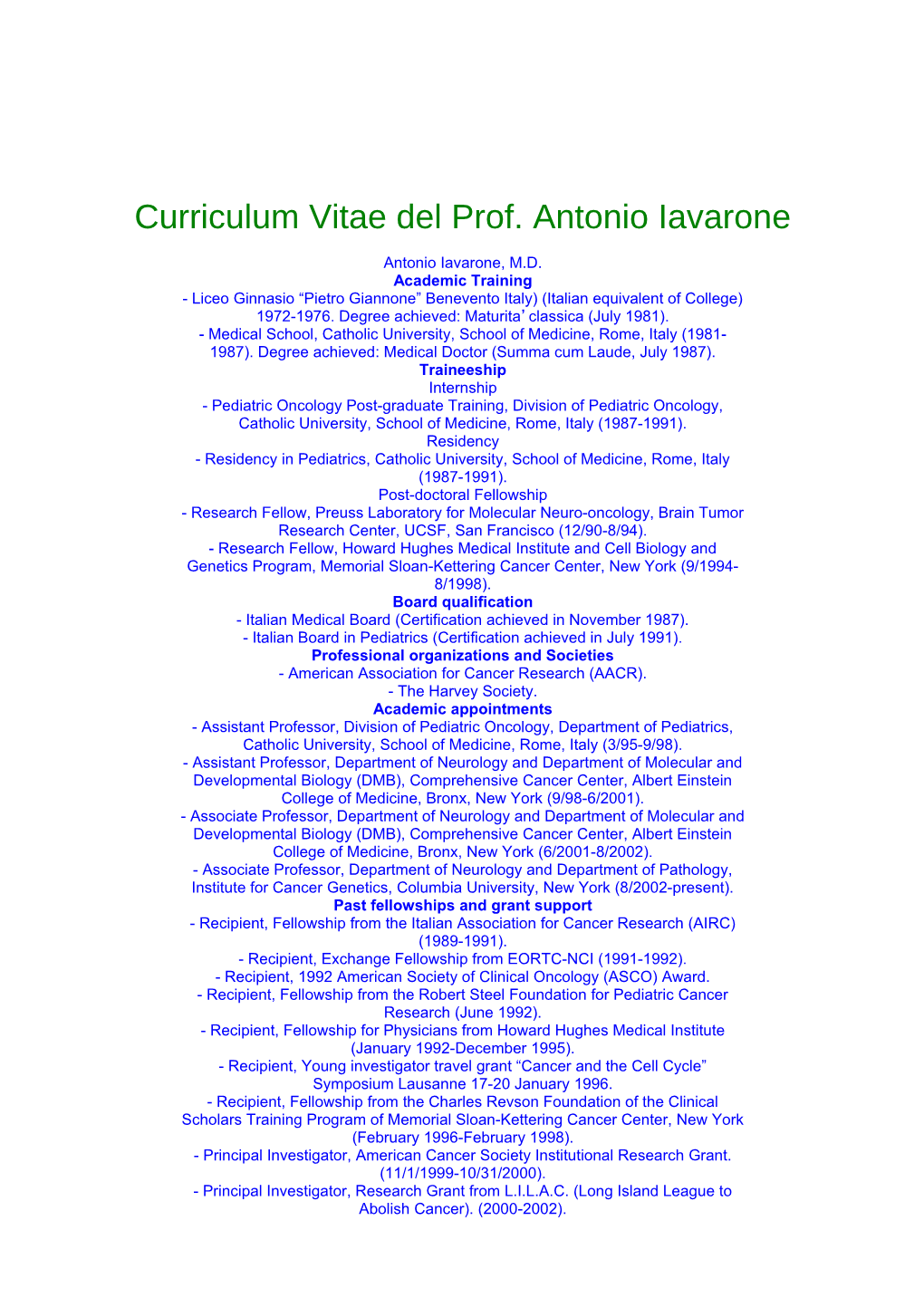 Curriculum Vitae Del Prof. Antonio Iavarone