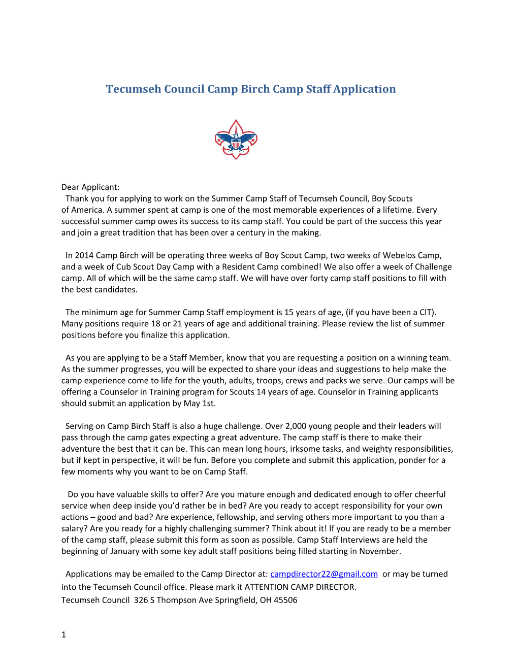 Tecumseh Council Camp Birch Camp Staff Application