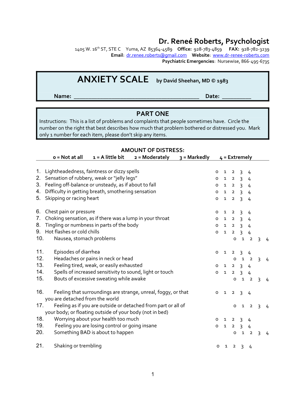 ANXIETY SCALE by David Sheehan, MD 1983