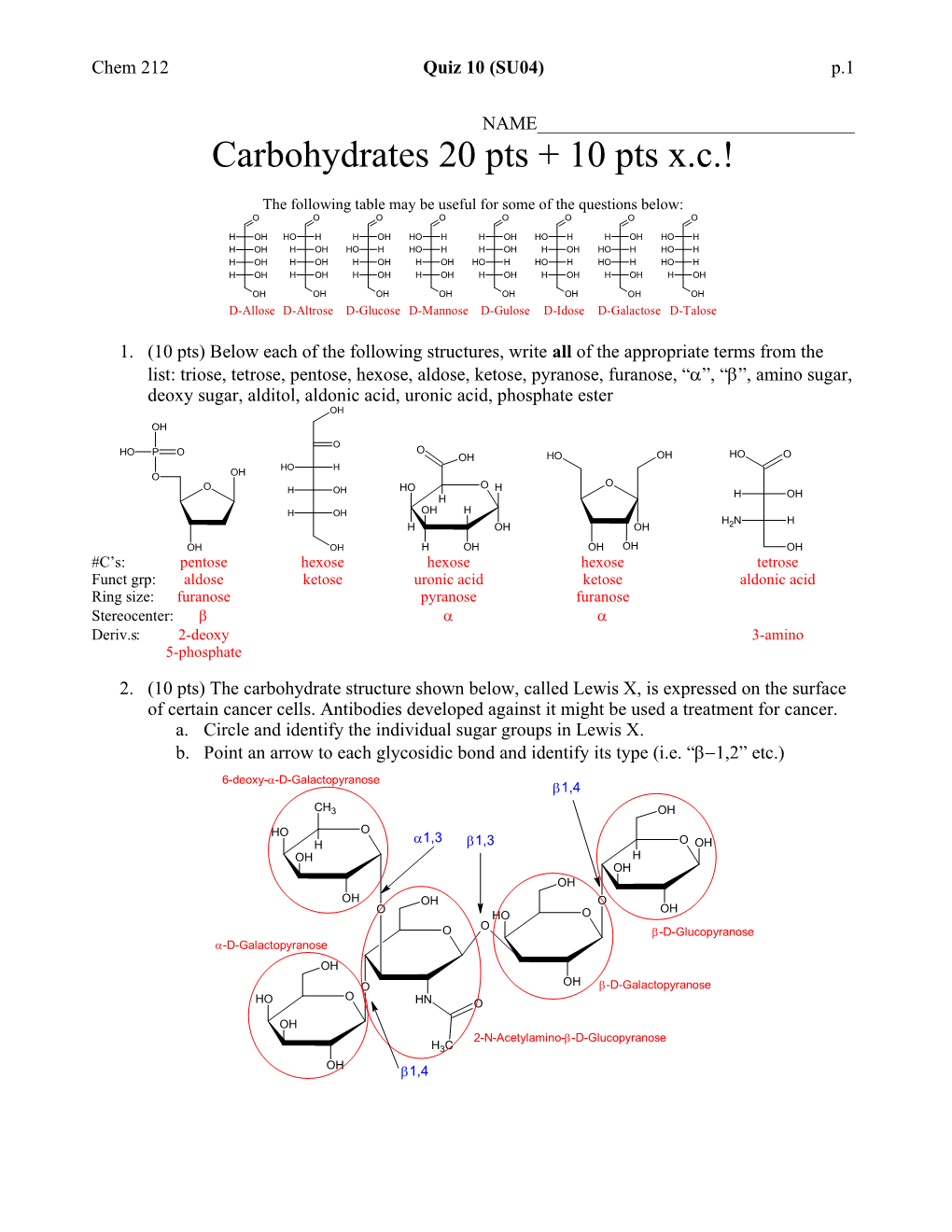 Carbohydrates 20 Pts + 10 Pts X.C.!