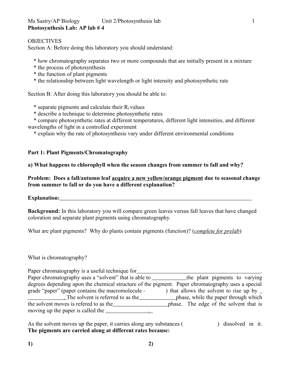 Ms Sastry/AP Biologyunit 2/Photosynthesis Lab1