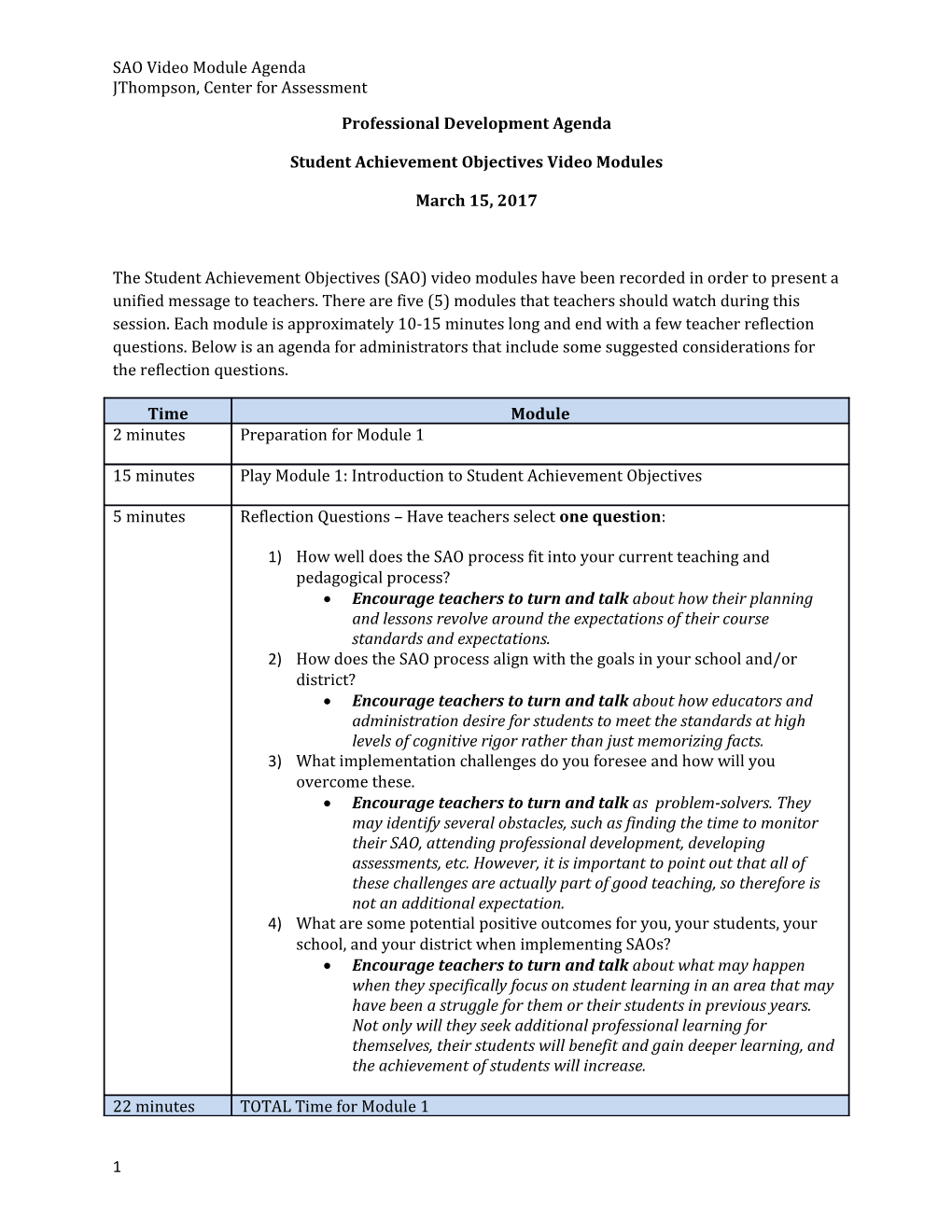 SAO Video Module Agenda