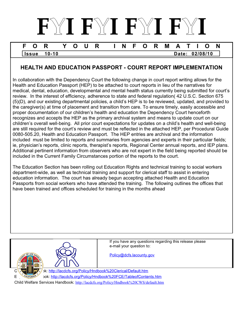 FYI 10-10,Health and Education Passport- Court Report Implementation