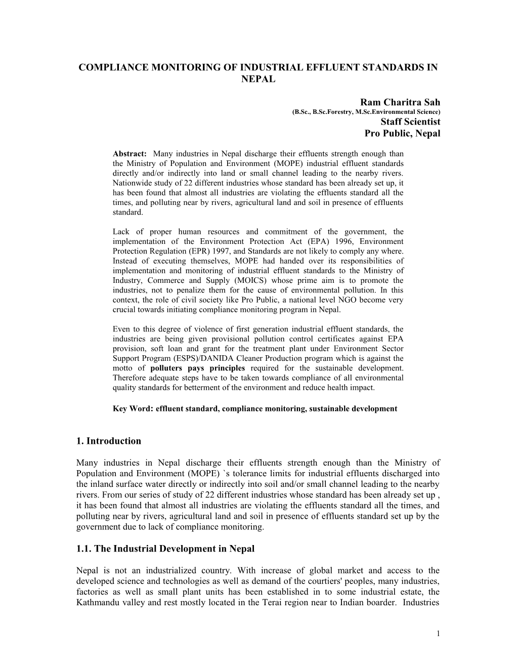 Compliance Monitoring of Indsutrail Effluent Standards in Nepal