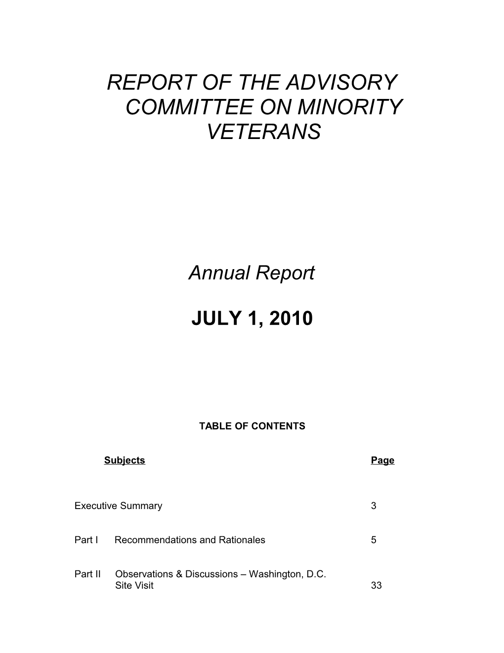 Report of the Advisory Committee on Minority Veterans
