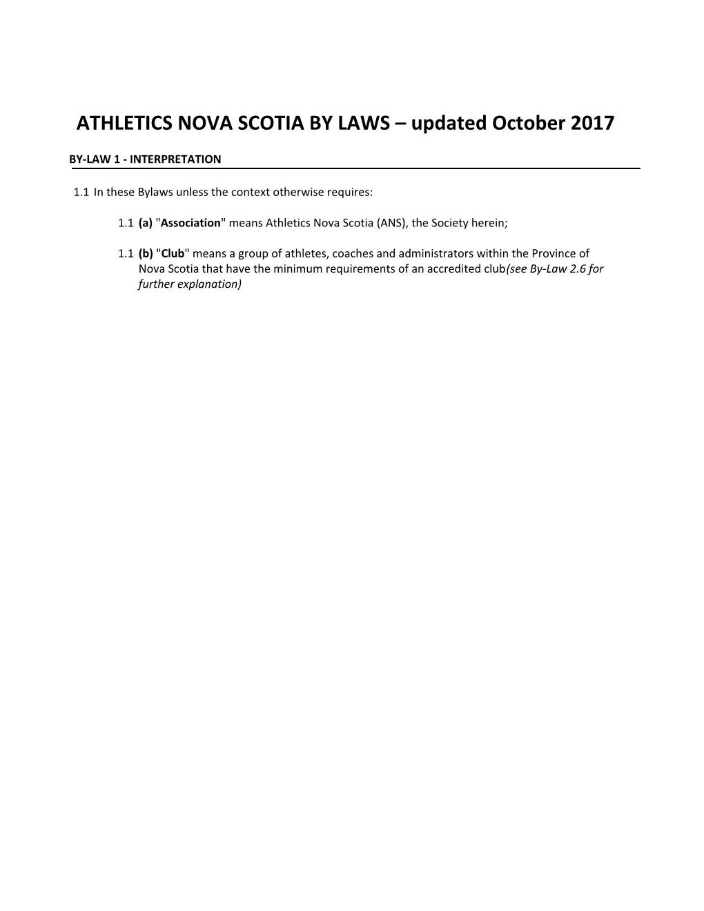 ATHLETICS NOVA SCOTIA by LAWS Updated October 2017
