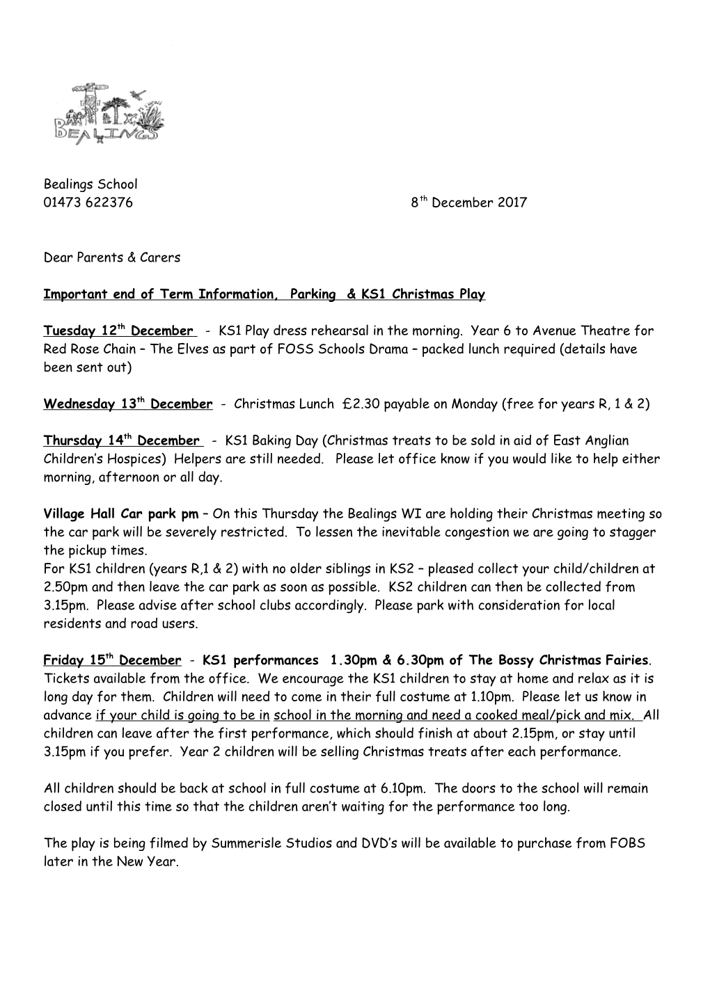 Important End of Term Information, Parking & KS1 Christmas Play