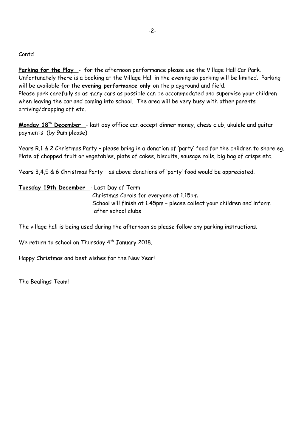 Important End of Term Information, Parking & KS1 Christmas Play