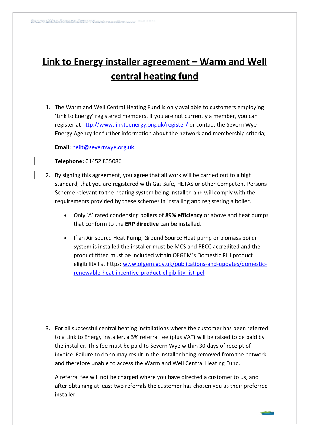 Link to Energy Installer Agreement Warm and Well Central Heating Fund