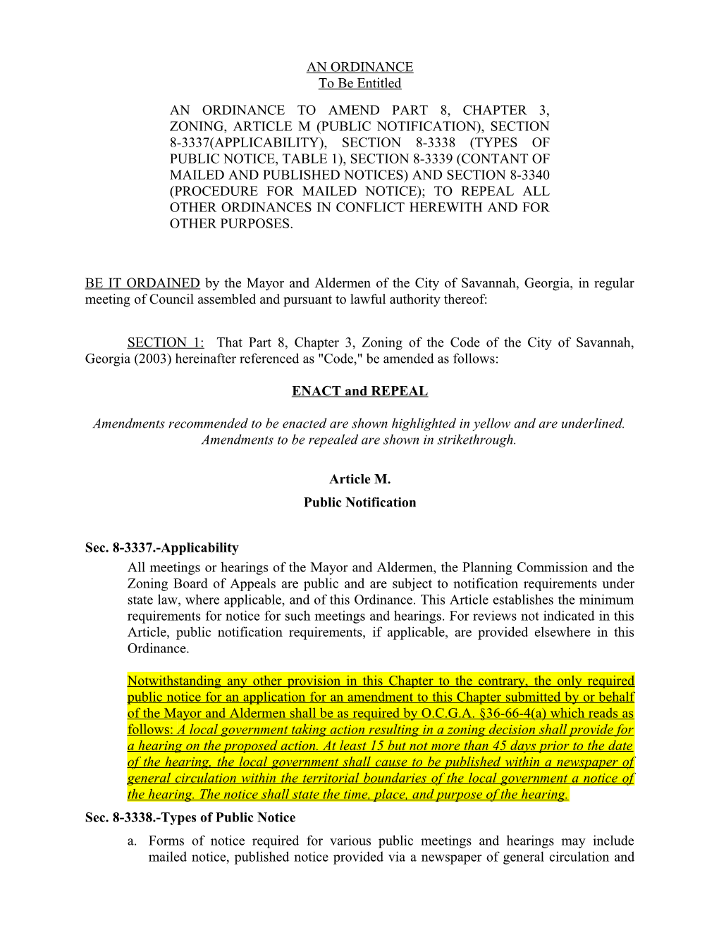An Ordinance to Amend Part 8, Chapter 3, Zoning, Article M (Public Notification), Section
