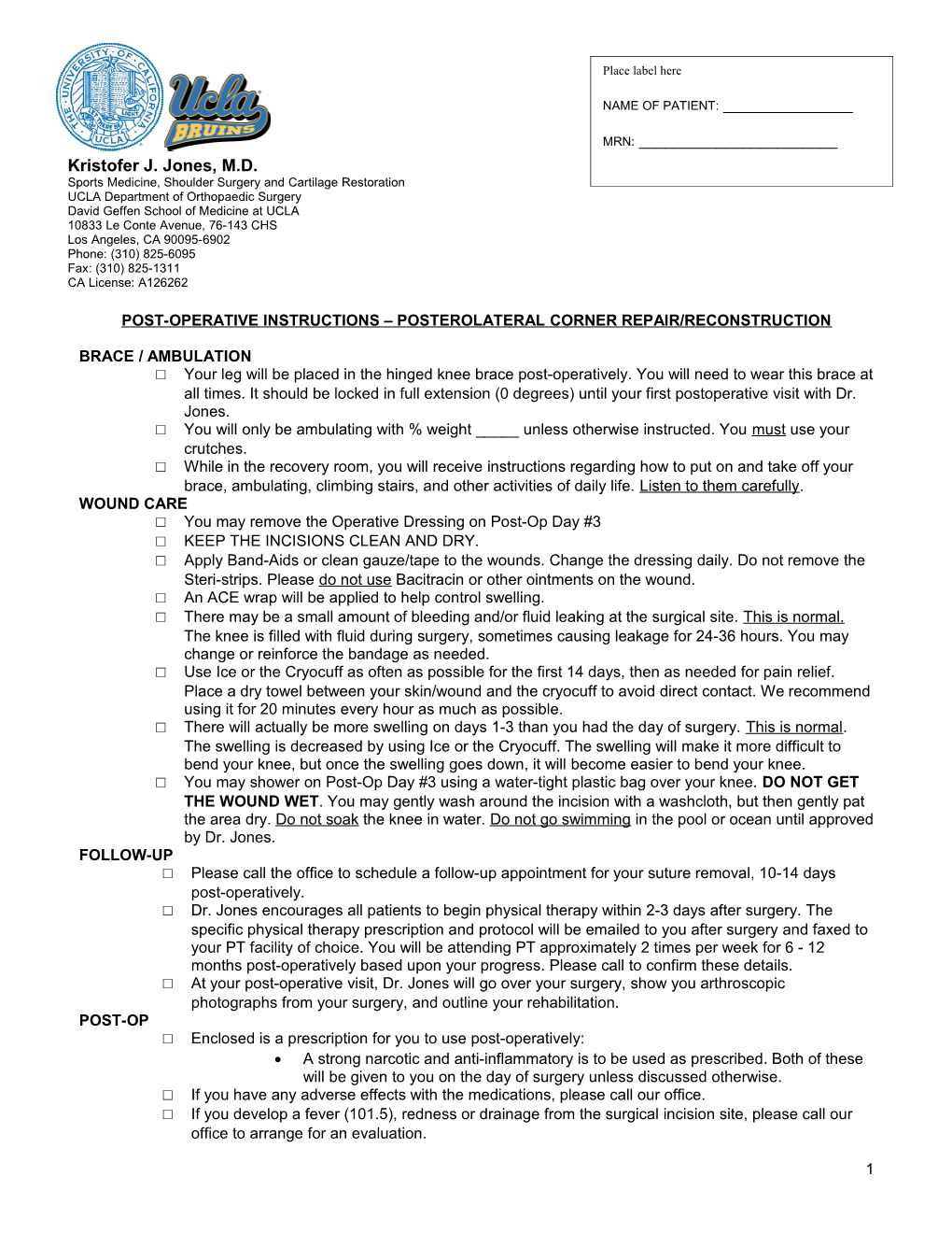 Post-Operative Instructions Posterolateral Corner Repair/Reconstruction