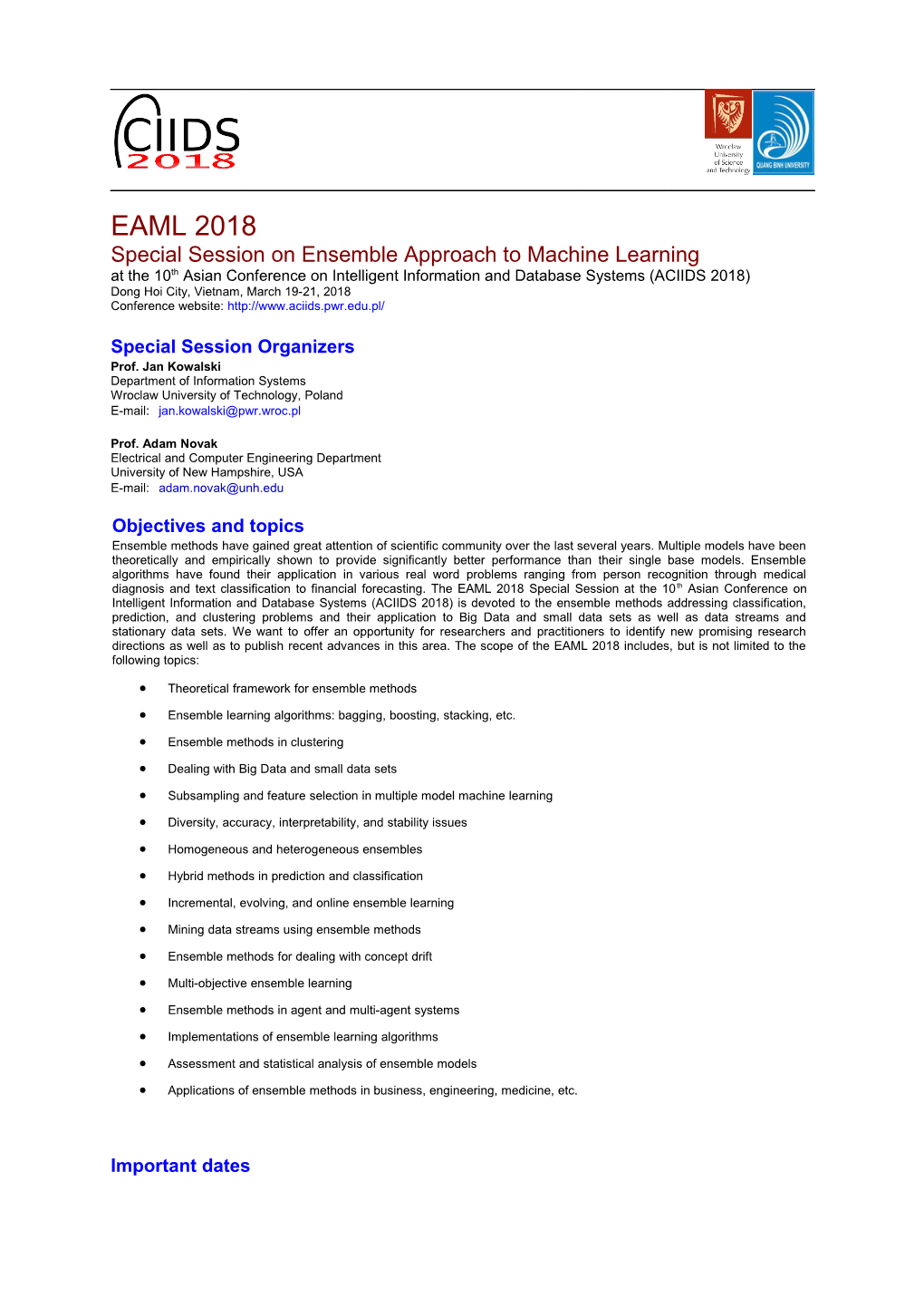 Special Session on Ensemble Approach to Machine Learning
