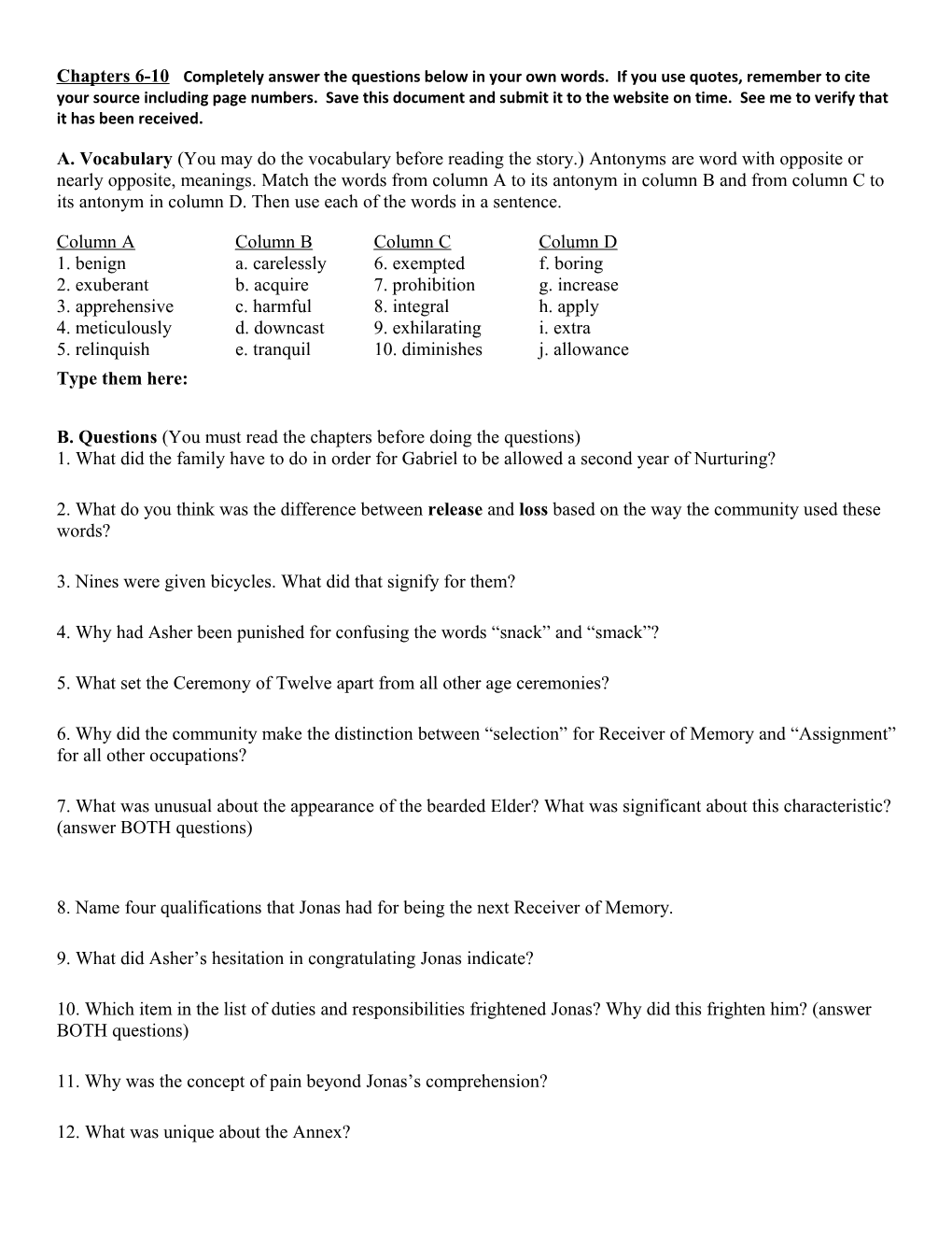 Chapters 6-10 Completely Answer the Questions Below in Your Own Words. If You Use Quotes