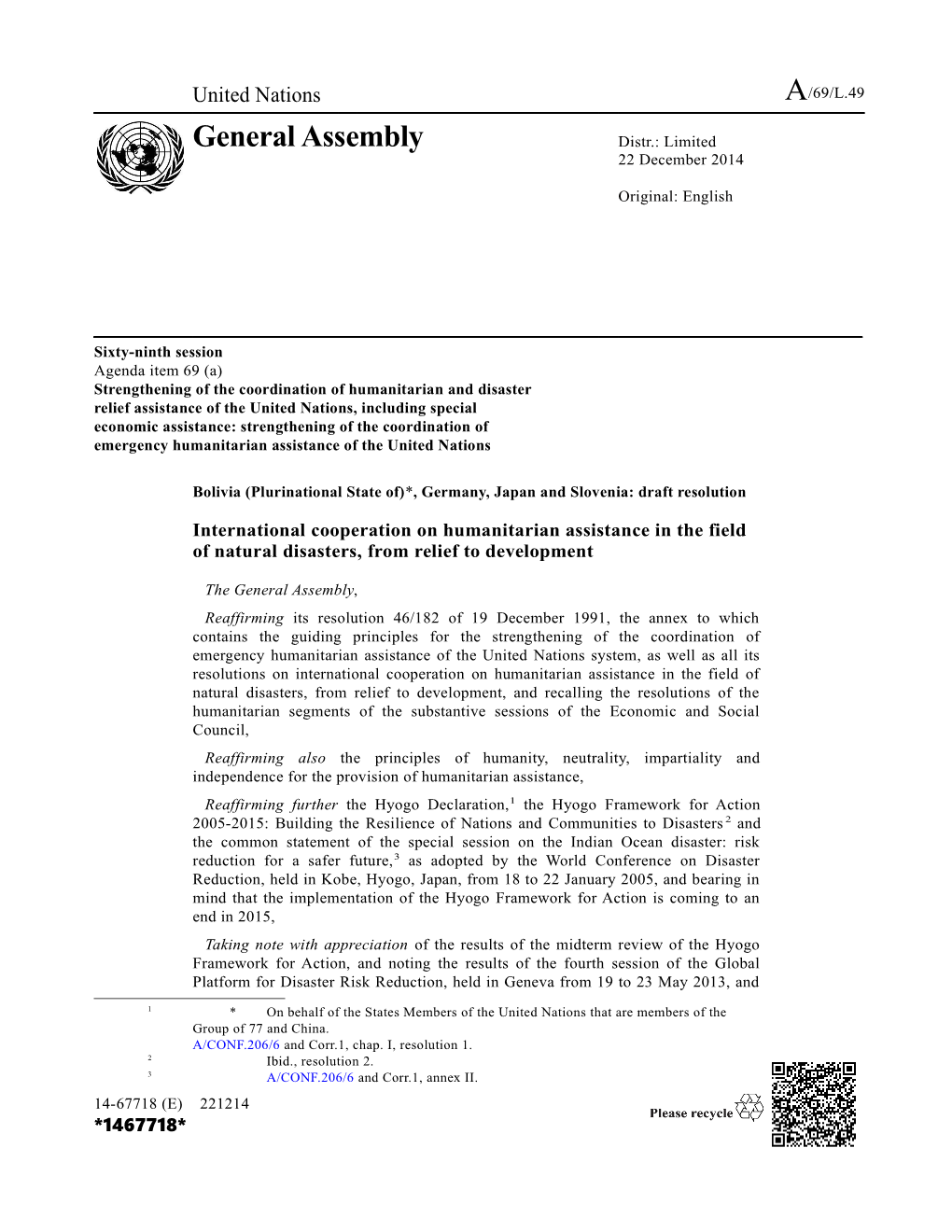 Bolivia (Plurinational State Of)*, Germany, Japan and Slovenia: Draft Resolution