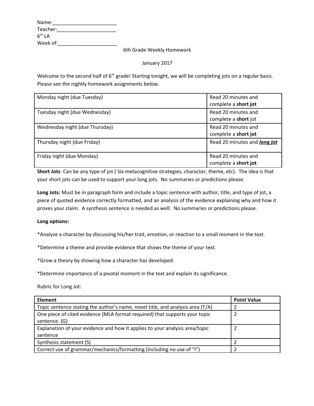 6Th Grade Weekly Homework