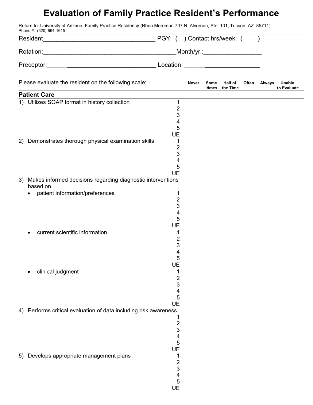 Evaluation of FP Resident S Performance