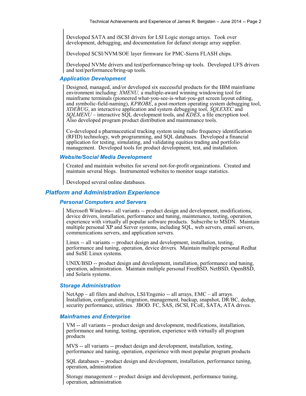 Technical Achievements and Experience of James R. Bergsten June 2014 Page 1