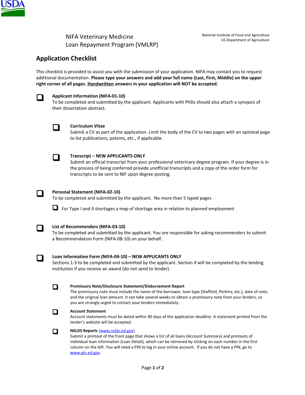 This Checklist Is Provided to Assist You with the Submission of Your Application. NIFA