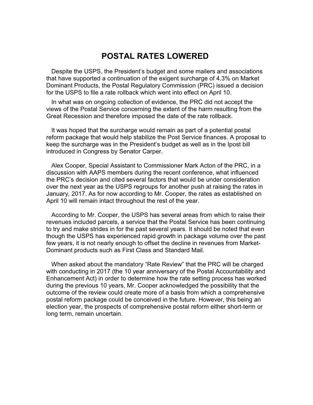 Postal Rates Lowered