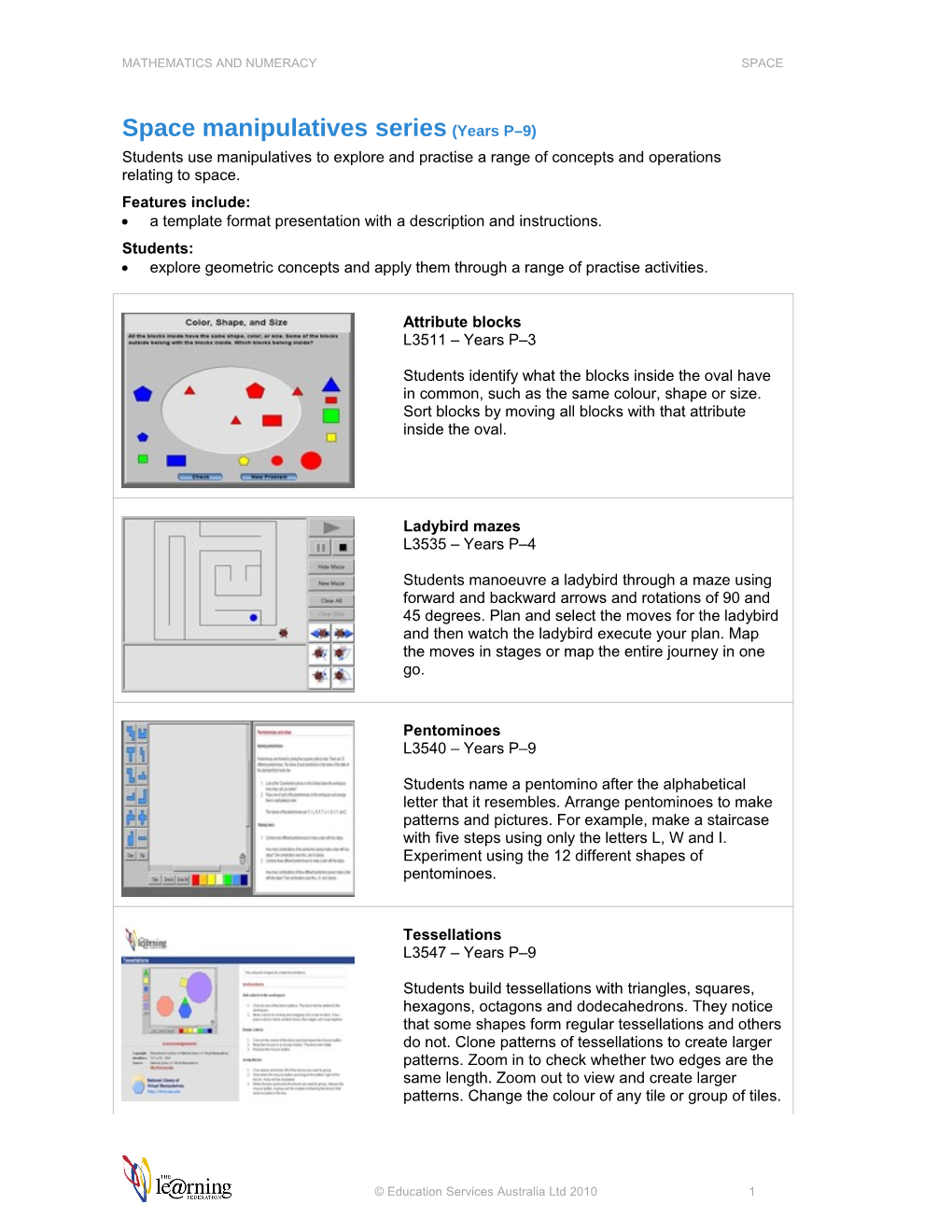 Space Manipulatives Series (Years P 9)