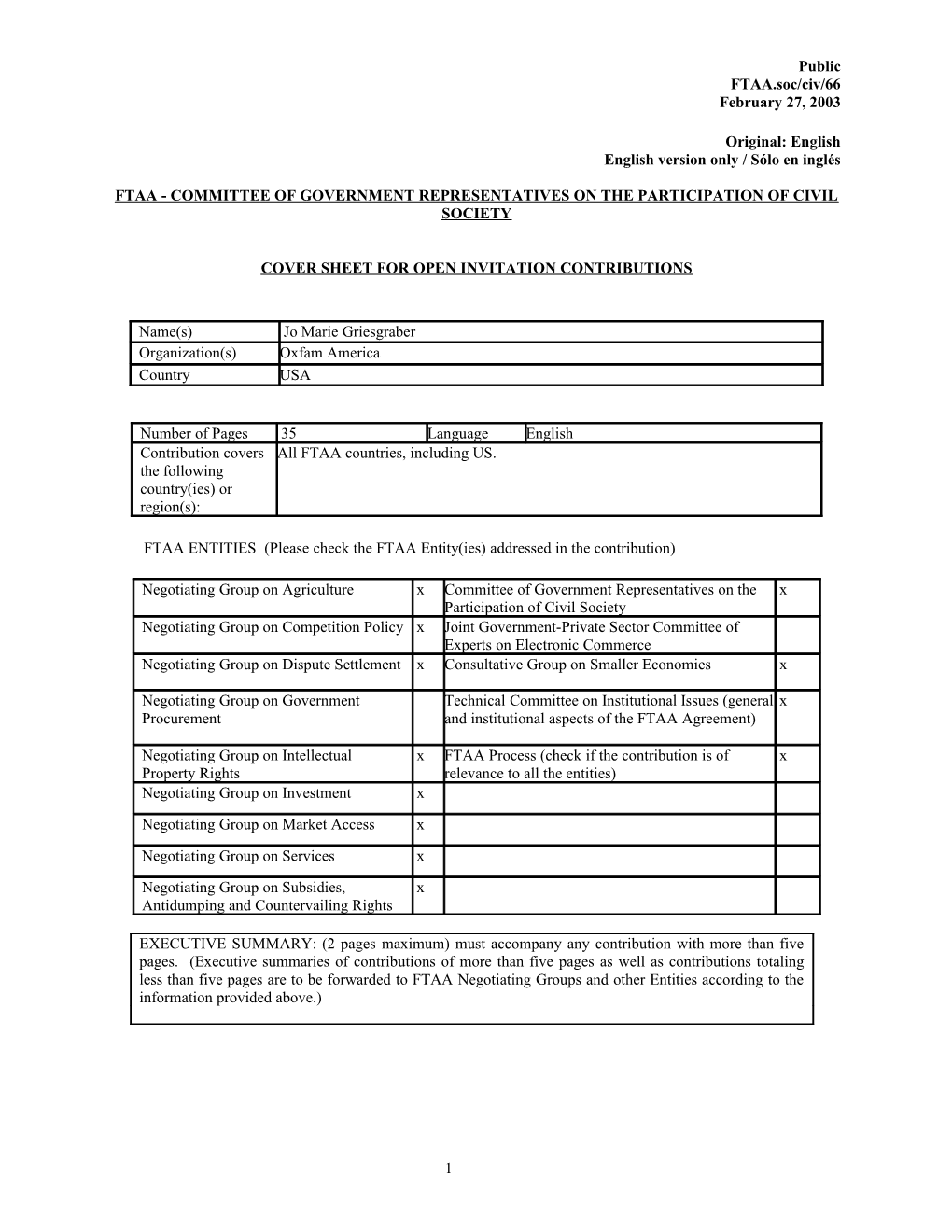 Ftaa - Committee of Government Representatives on the Participation of Civil Society