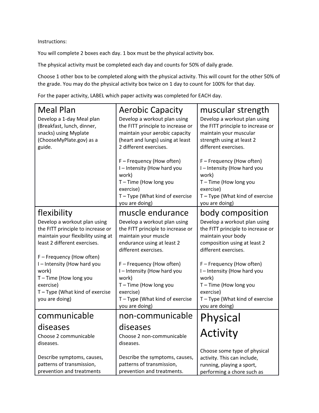 You Will Complete 2 Boxes Each Day. 1 Box Must Be the Physical Activity Box