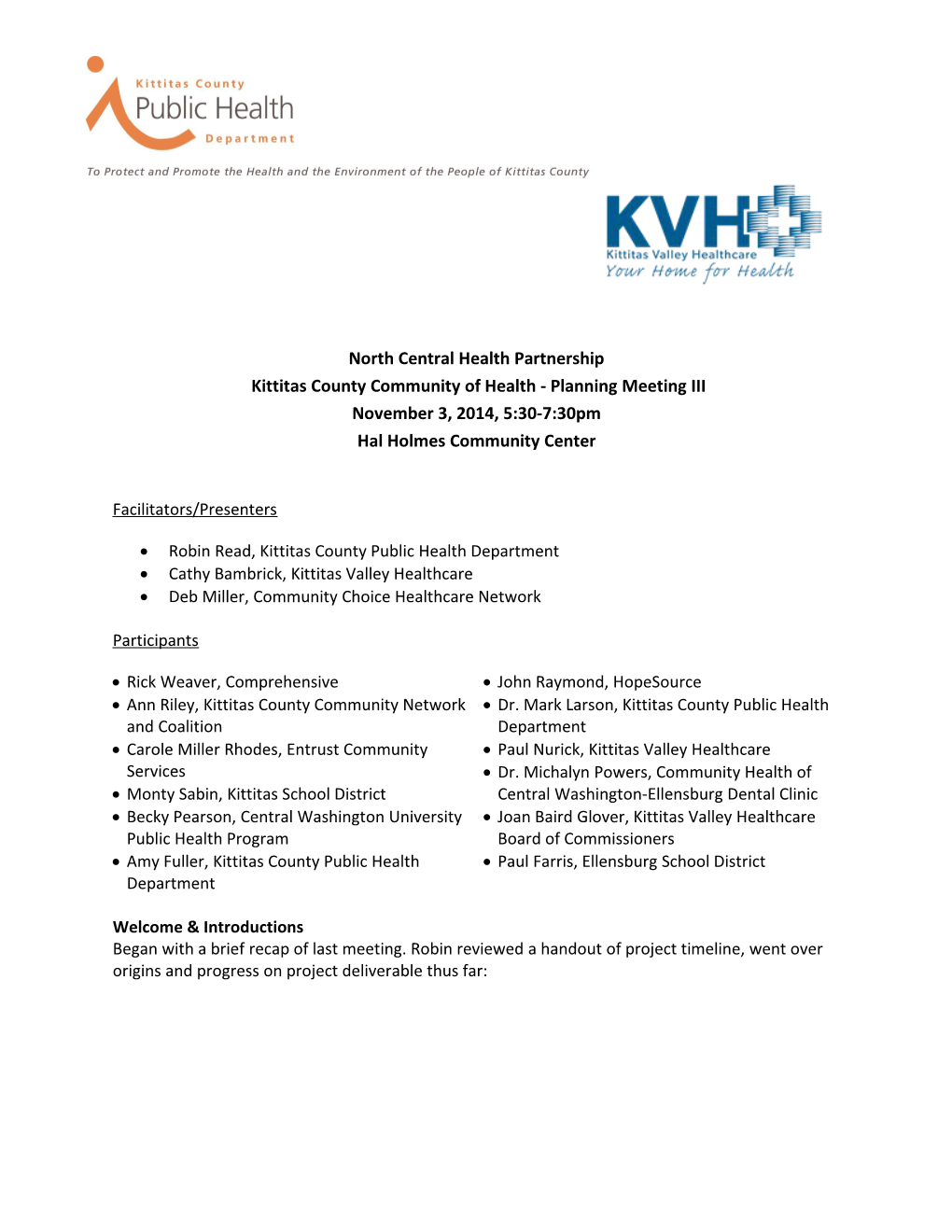 Kittitas County Community of Health - Planning Meeting III