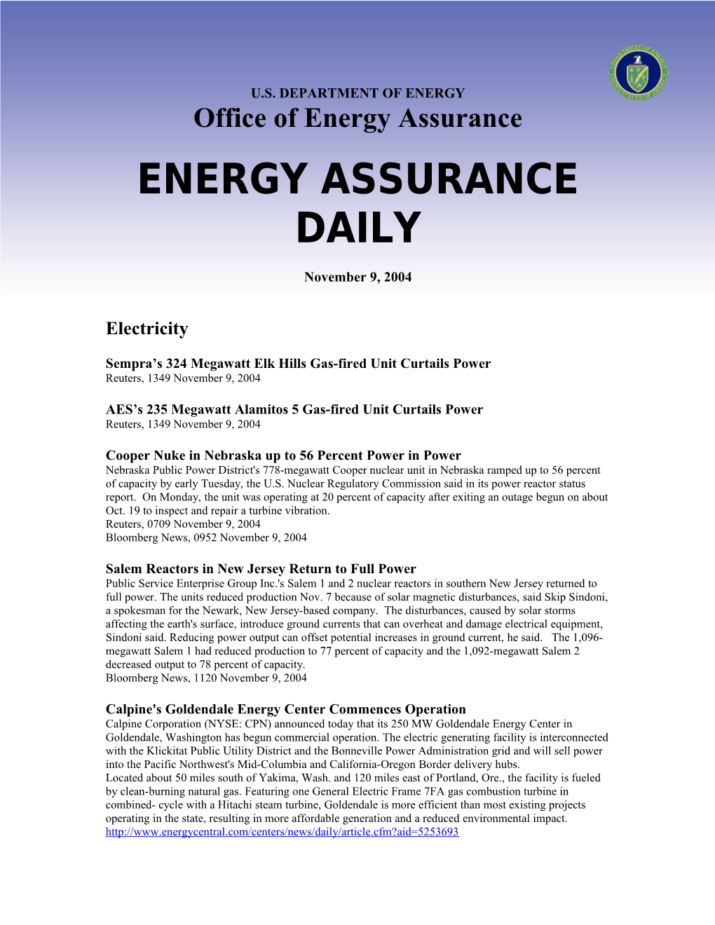 Sempra S 324 Megawatt Elk Hills Gas-Fired Unit Curtails Power