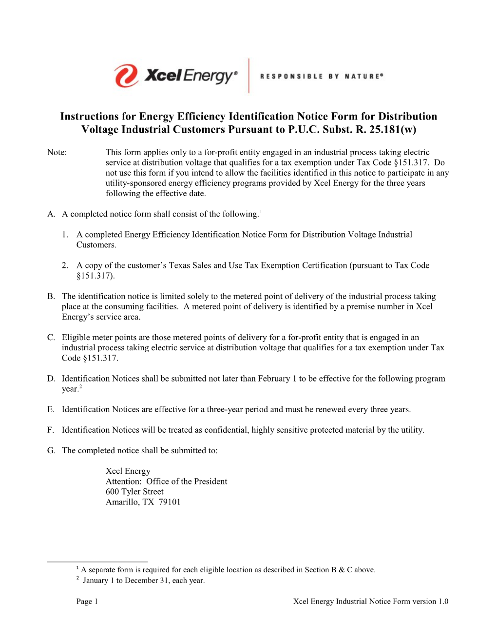Procedure Instructions for Energy Efficiency Opt-Out Notice Form for Distribution Voltage