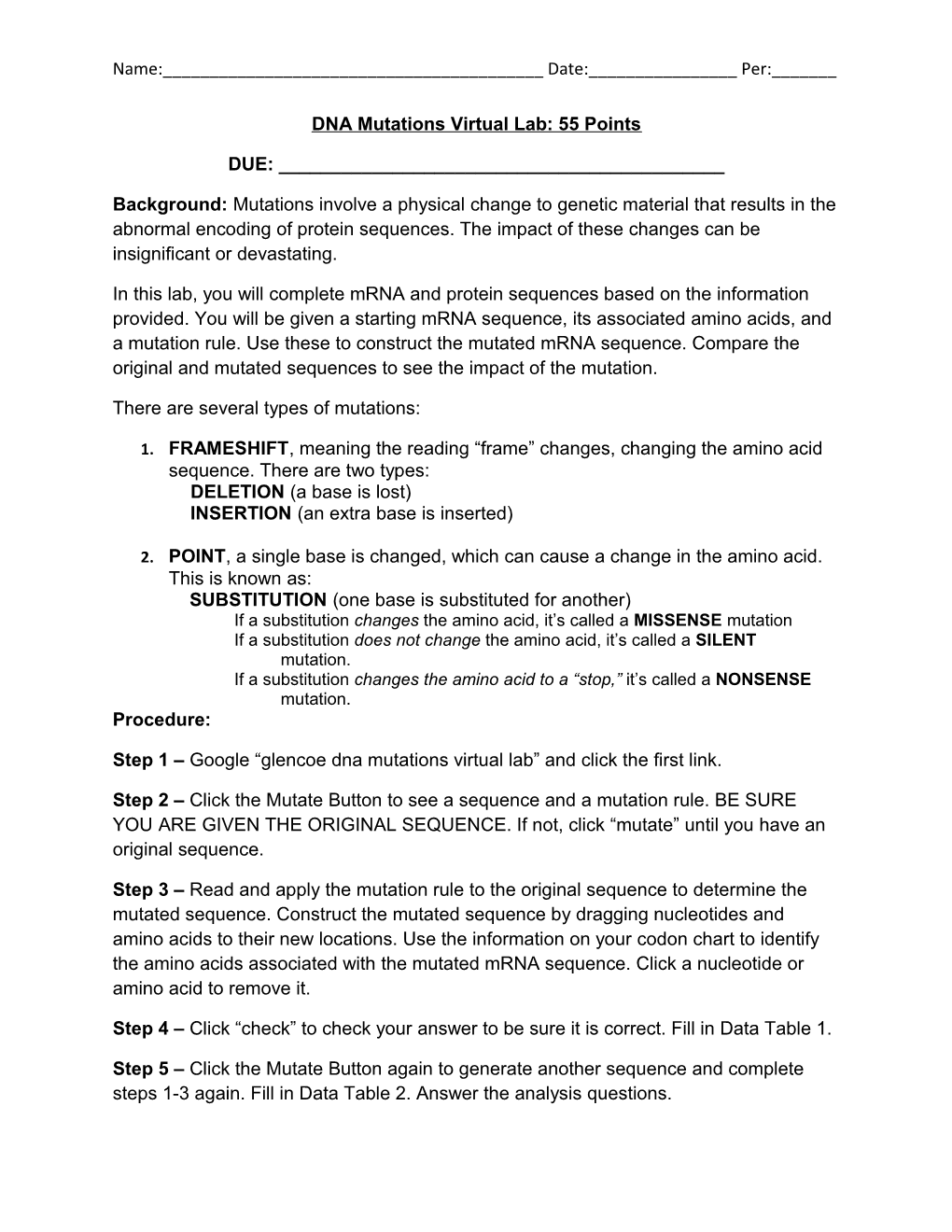 DNA Mutations Virtual Lab: 55 Points