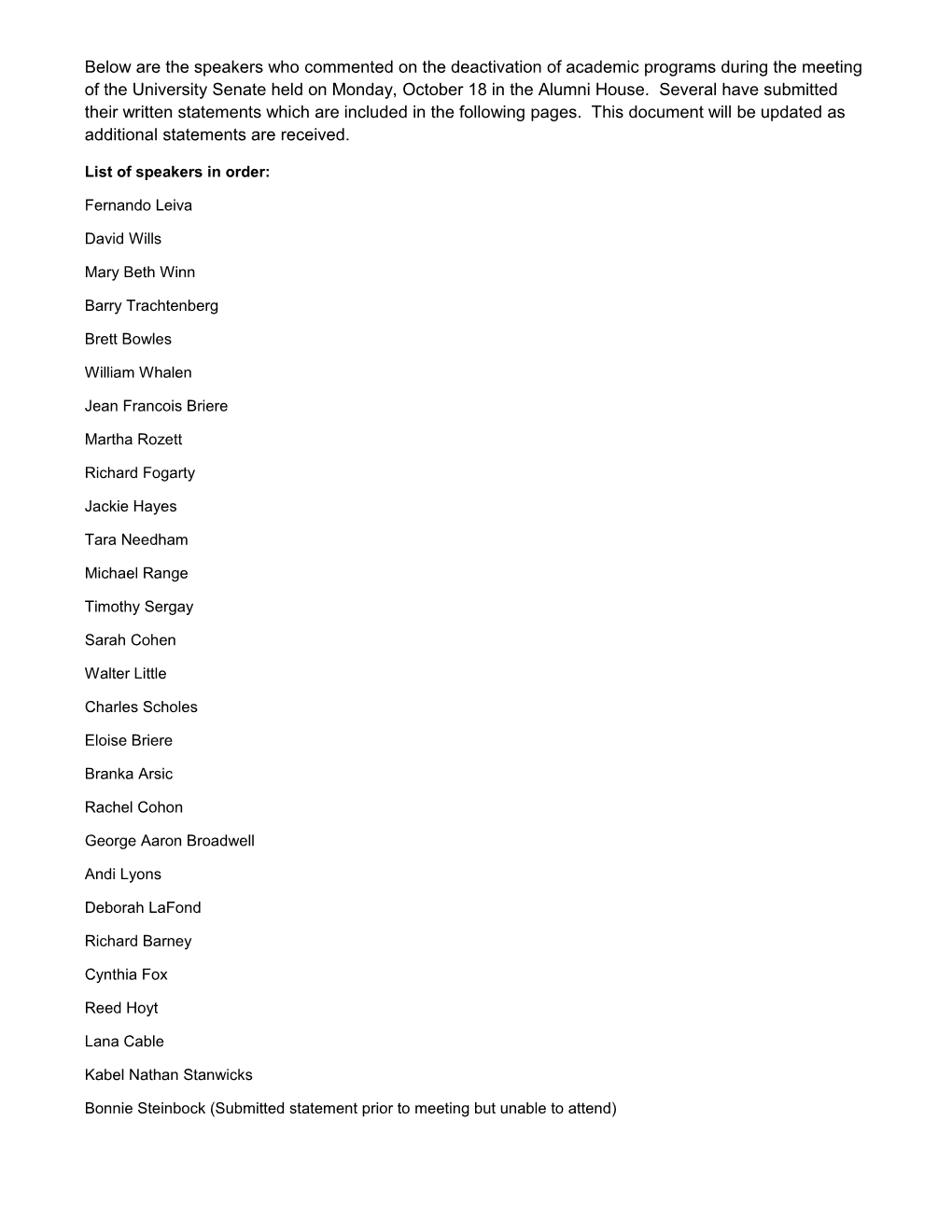 List of Speakers in Order