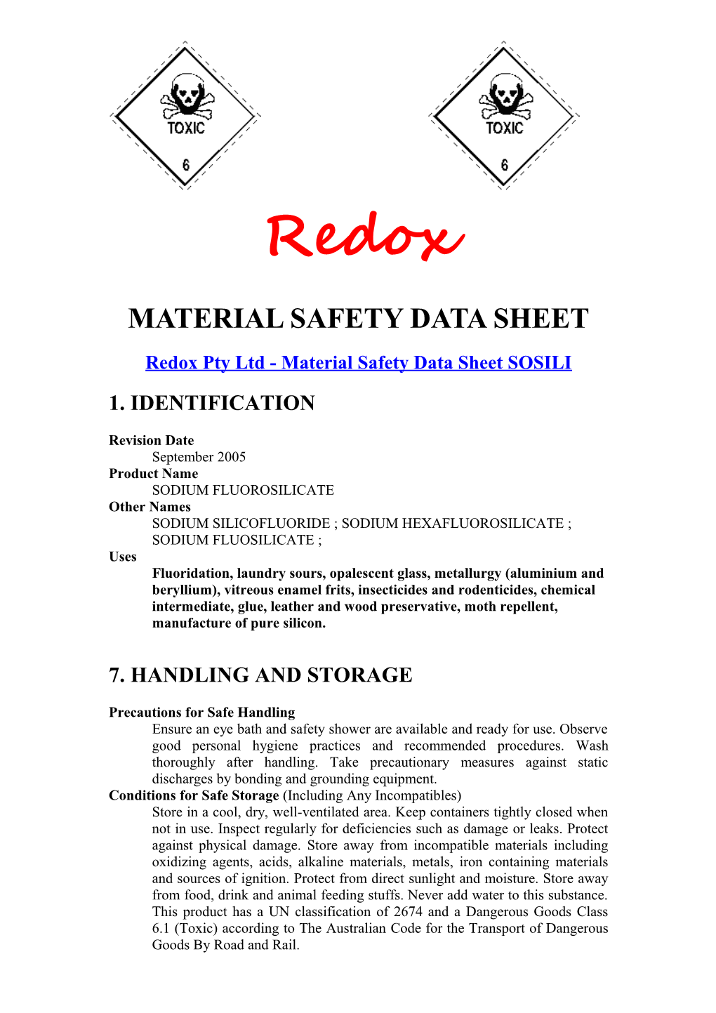 Redox Pty Ltd - Material Safety Data Sheet SOSILI