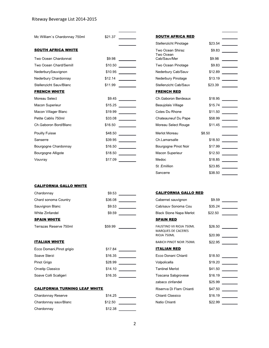Riteway Beverage List 2014-2015