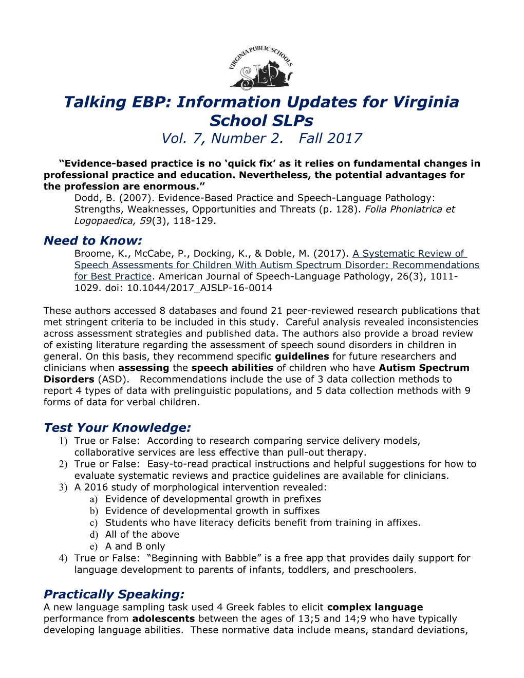 Talking EBP: Information Updates for Virginia School Slps