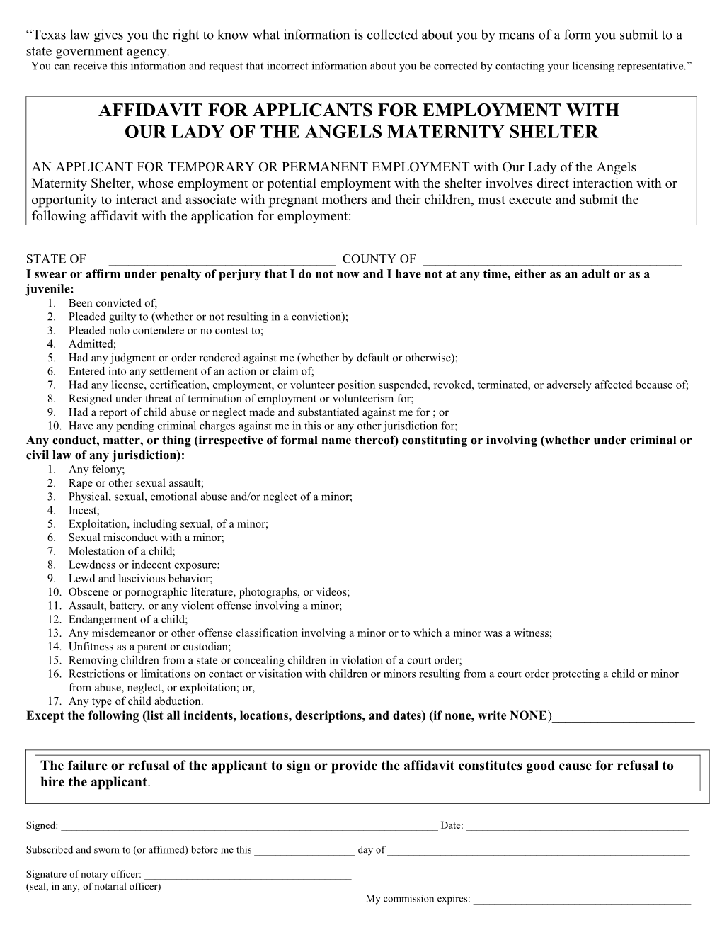 Affidavit for Applicants for Employment with a Childcare Operation