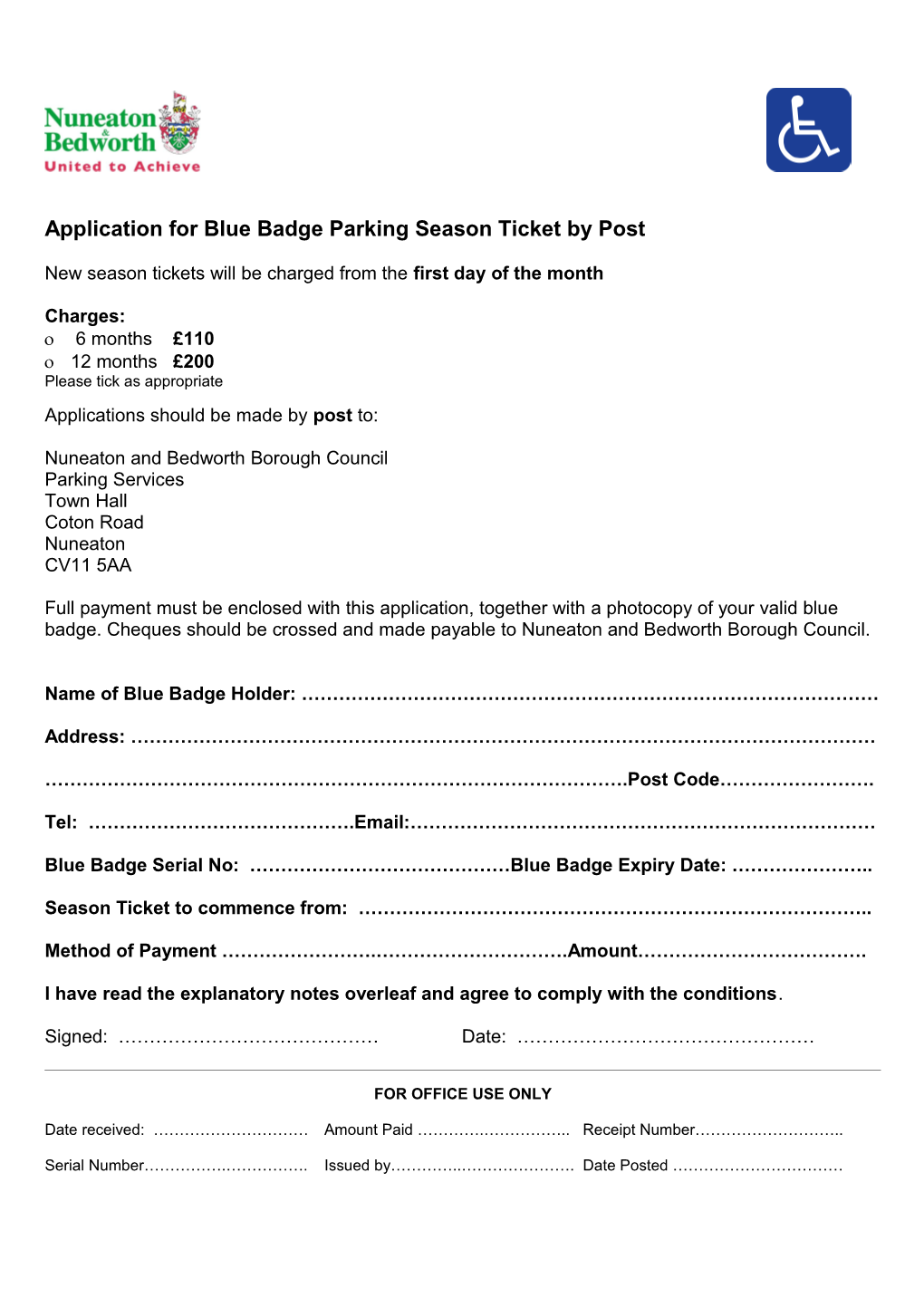 Application for Blue Badge Parking Season Ticket by Post