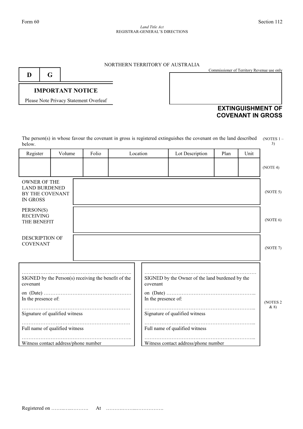 Form No. 60 - Extinguishment of Covenant in Gross