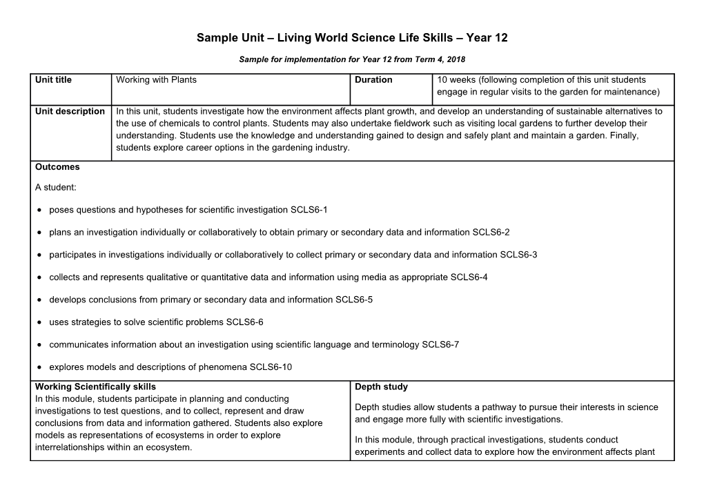 Living World Science Life Skills Year 12 Sample Unit