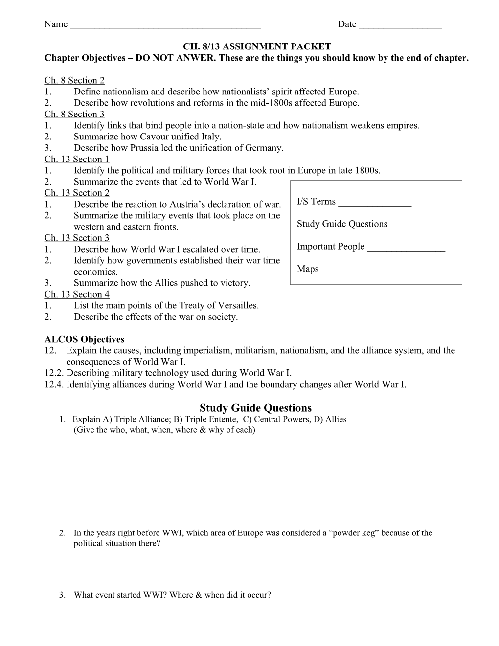 Chapter 8 Assignment Sheet