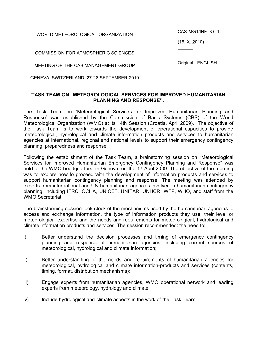 Task Team on Meteorological Services for Improved Humanitarian Planning and Response