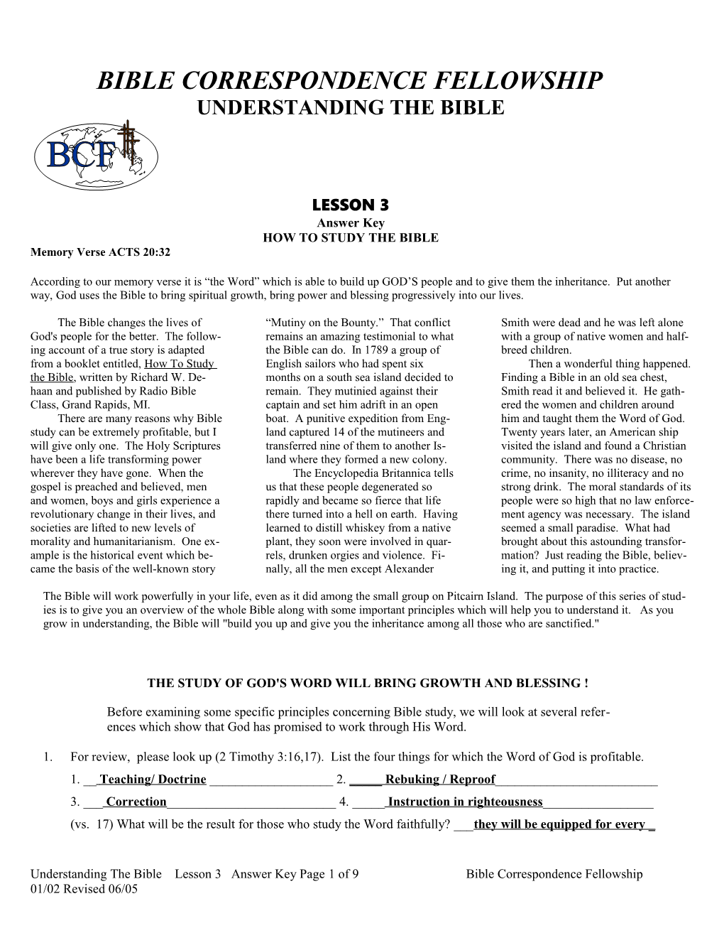 Understanding the Bible 3 Answer Key