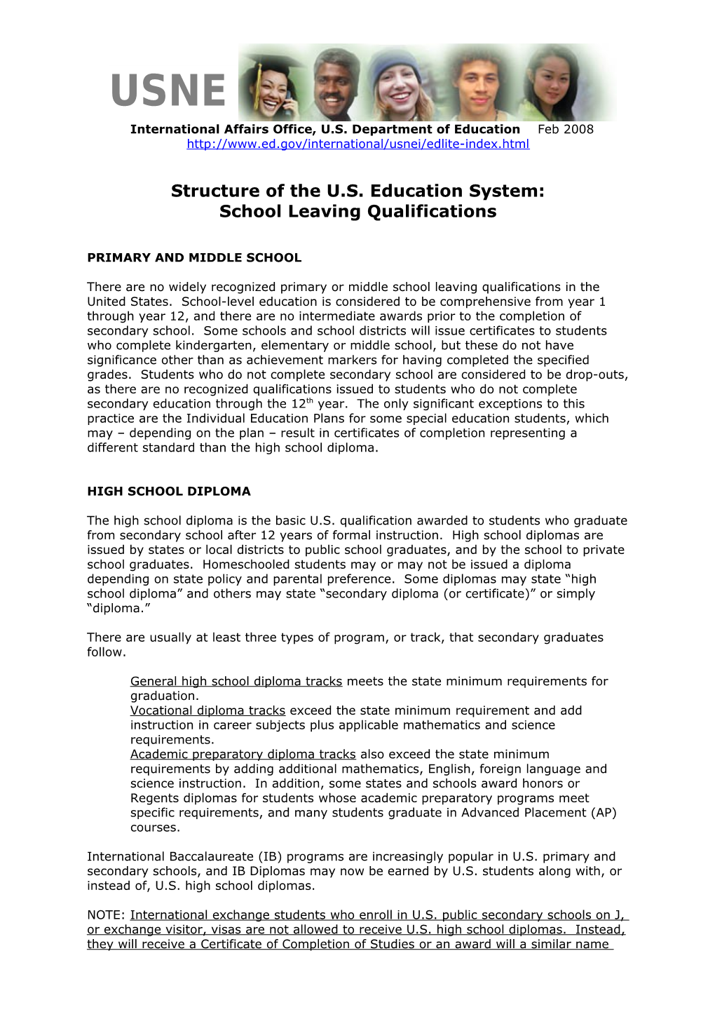 Structure of the US Education System: Primary and Secondary Qualifications (MS Word)