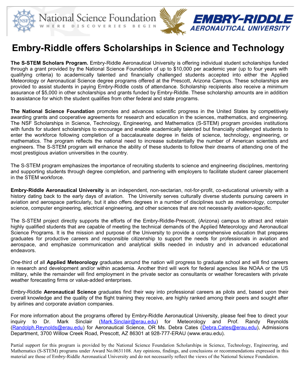 Embry-Riddle Offers Scholarships in Science and Technology