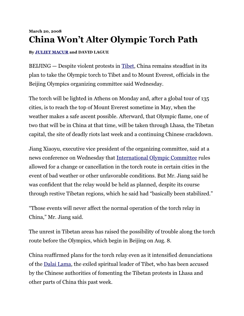 China Won T Alter Olympic Torch Path