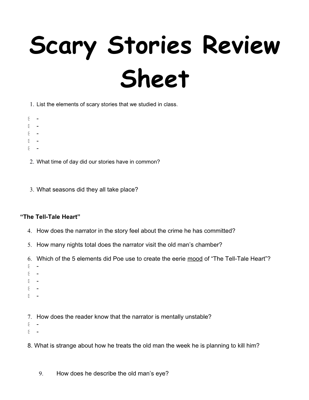 Scary Stories Review Sheet